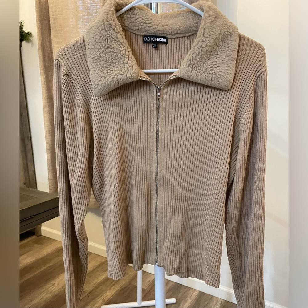 Fashion Nova Tan Ribbed full zipper sweater